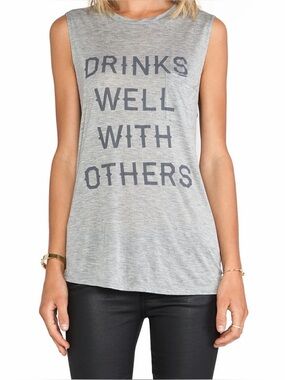 Haute Hippie Drinks Well With Others Graphic Muscle Tank Top Gray Black